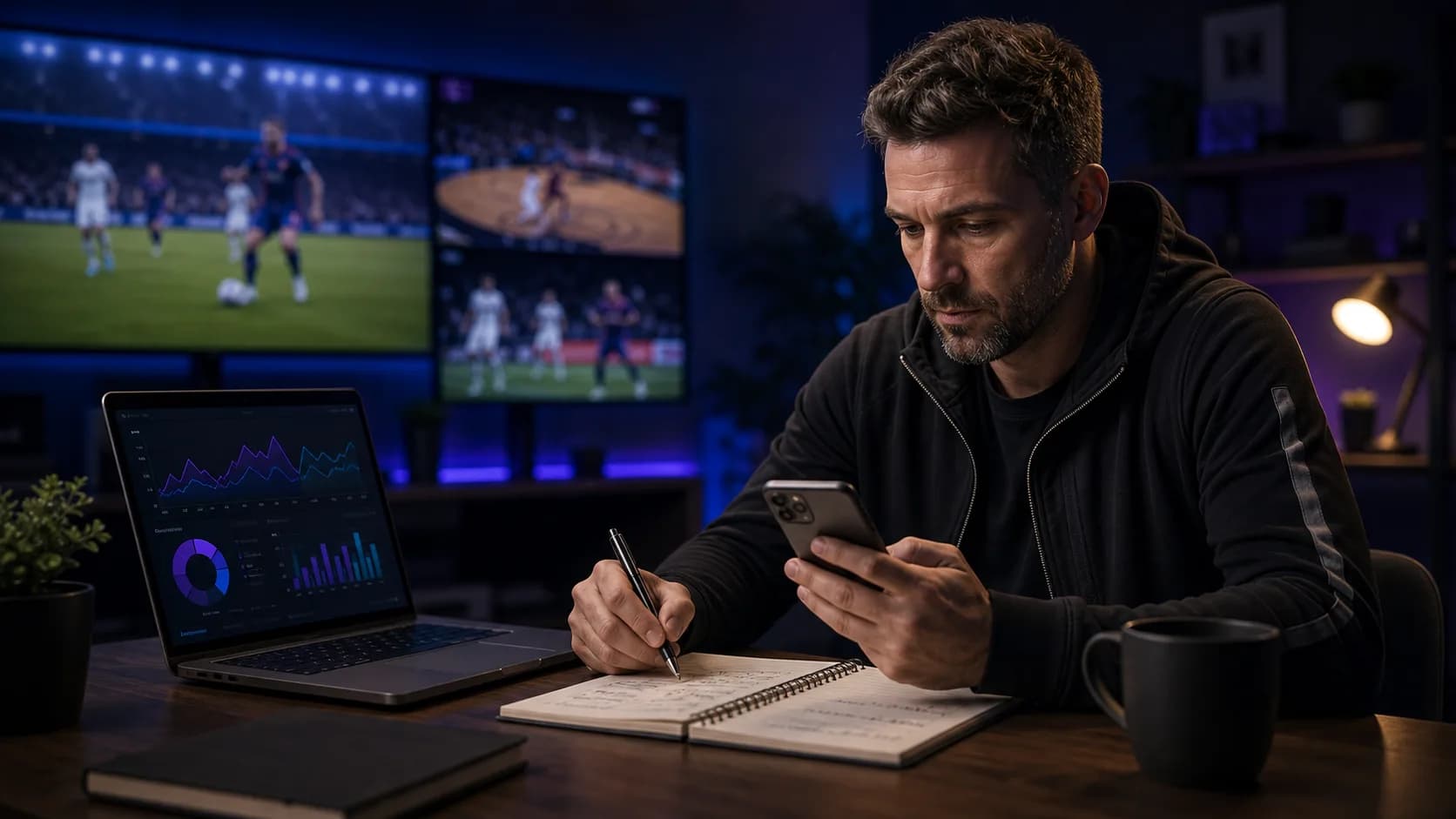Sports handicapper reviewing picks with a notebook and analytics dashboard