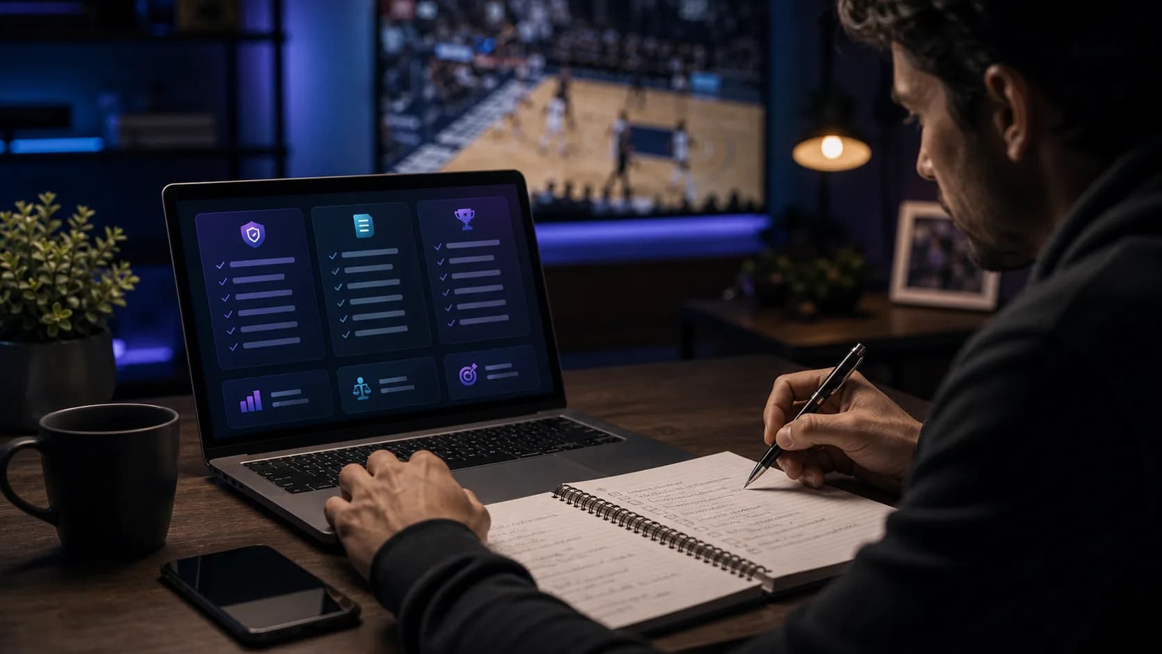 Sports analyst reviewing challenge rules with a notebook and laptop