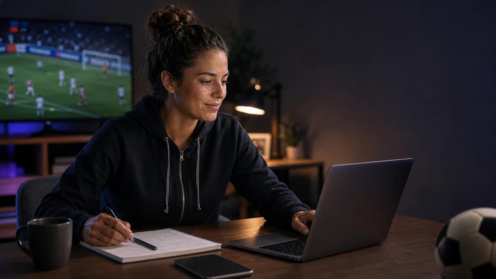 Sports prediction analyst reviewing a laptop and notes for milestone progress