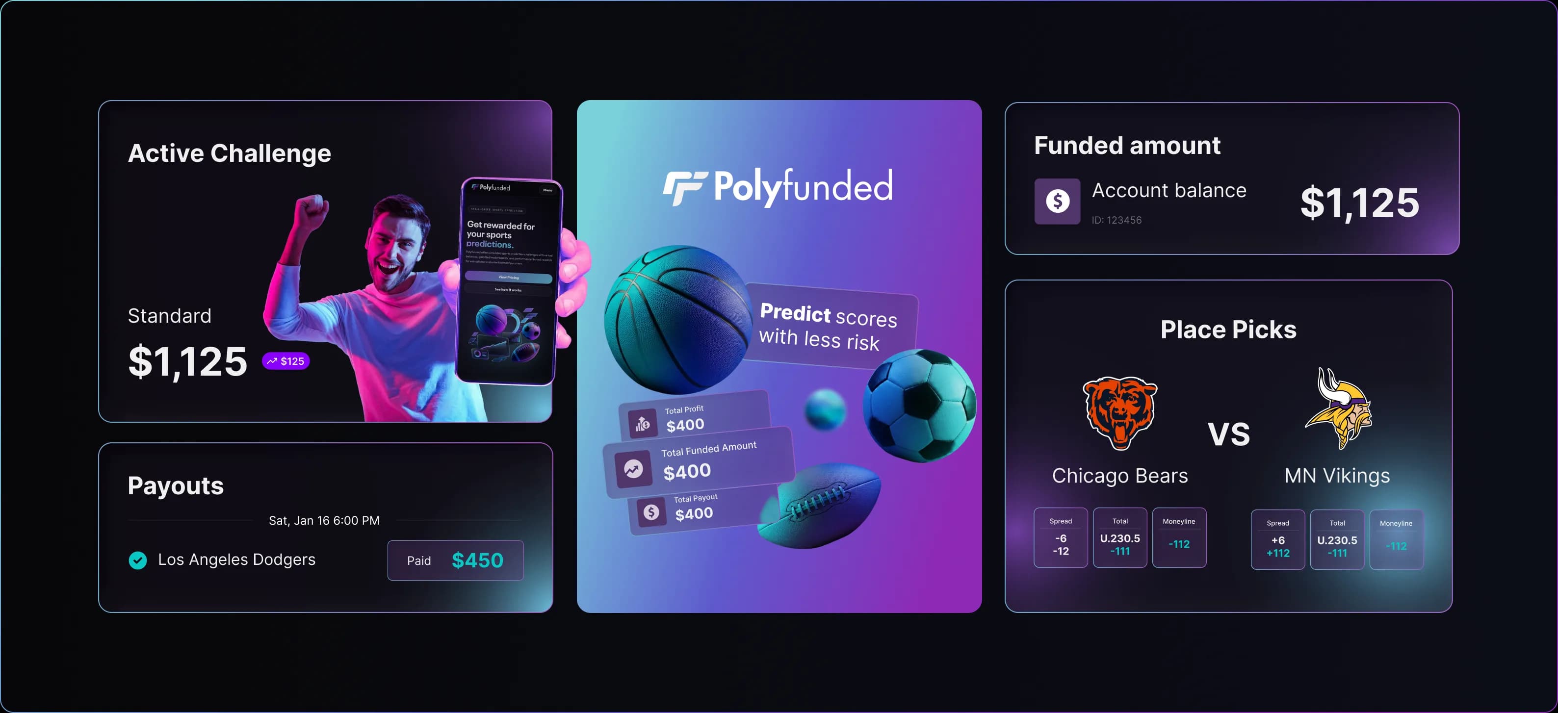 Polyfunded challenge, picks, and rewards interface previews