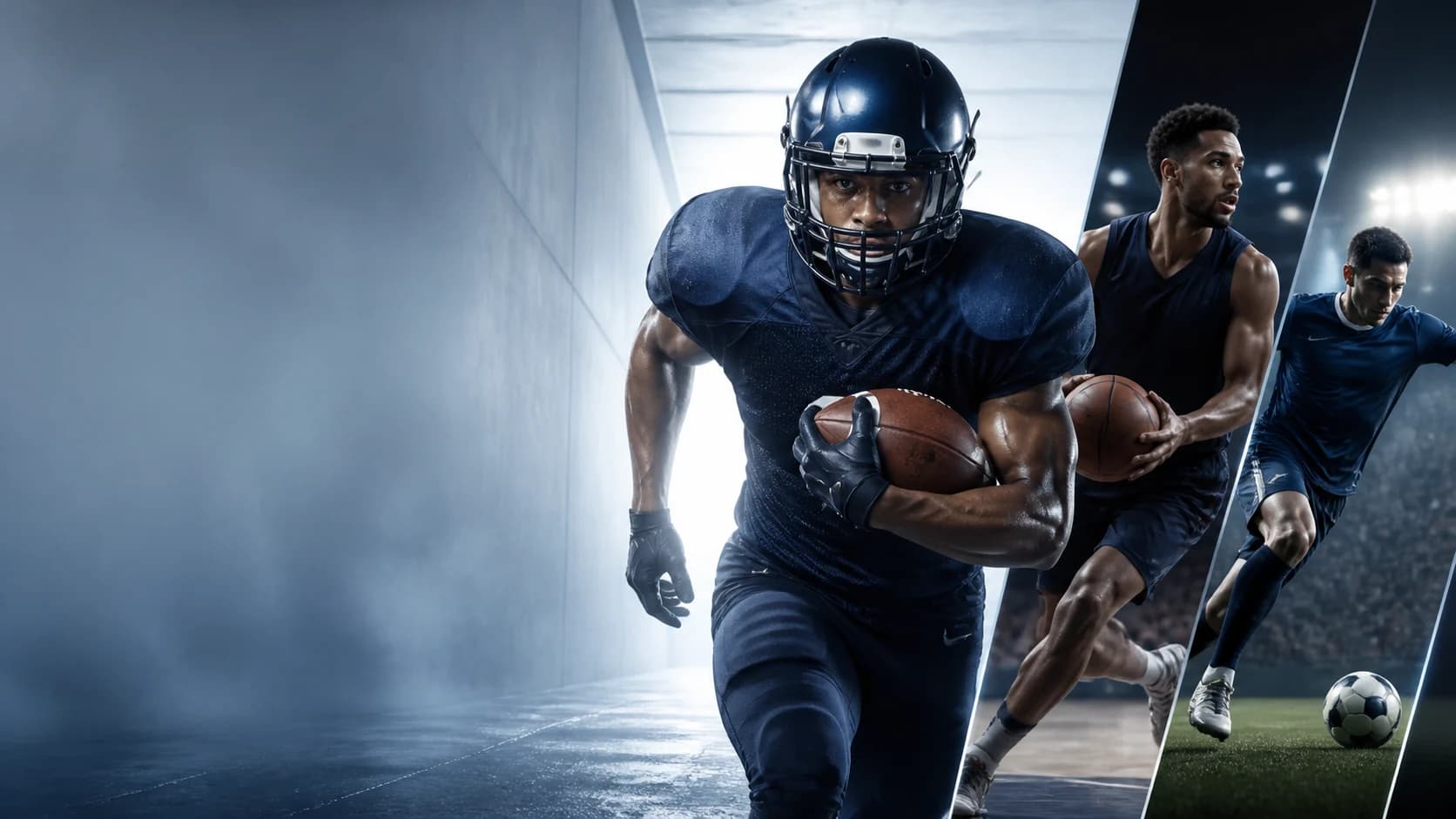 Soccer, basketball, and American football athletes in competition